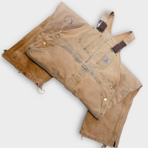 Vintage Carhartt Overalls Mens Sz 36 X 32 Tan Duck Bib Thrashed Grunge Union USA - Picture 2 of 13